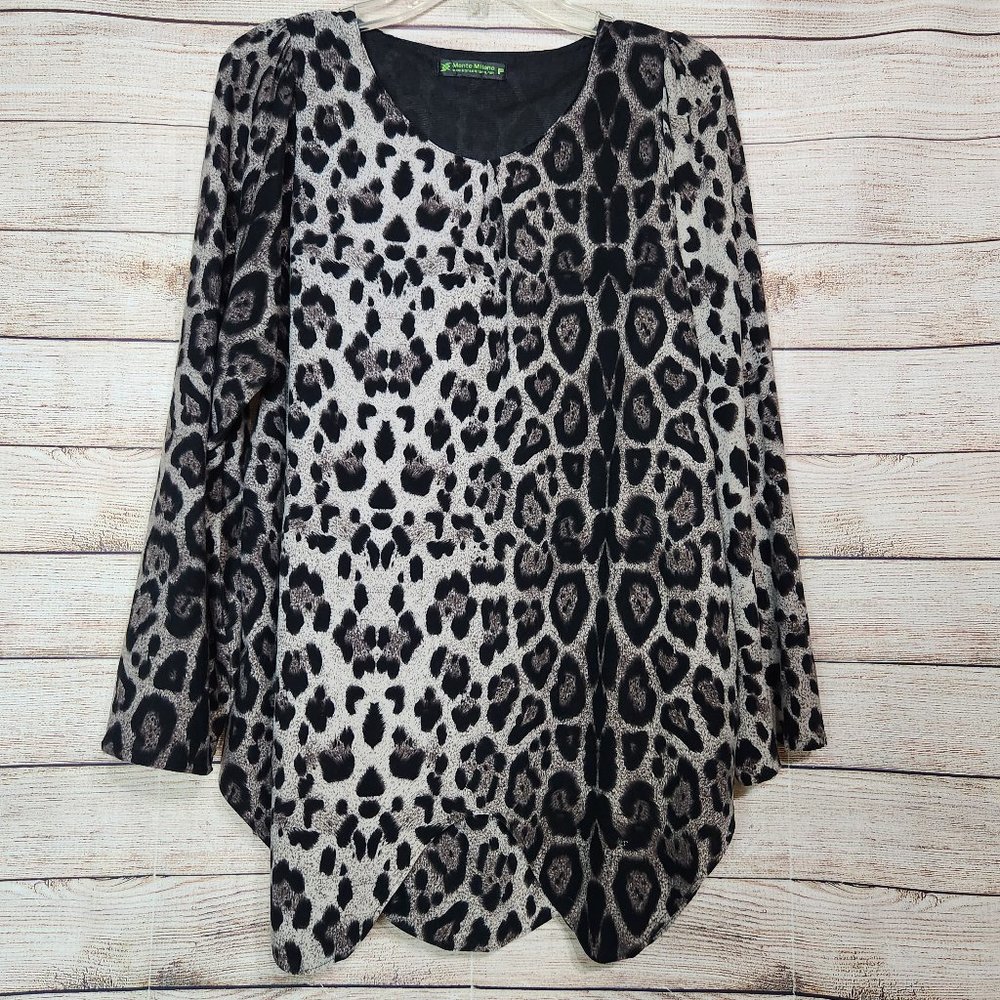 Monte Milano Womens M/L Blouse Top Brown Black Animal Cheetah Print Knit Stretch